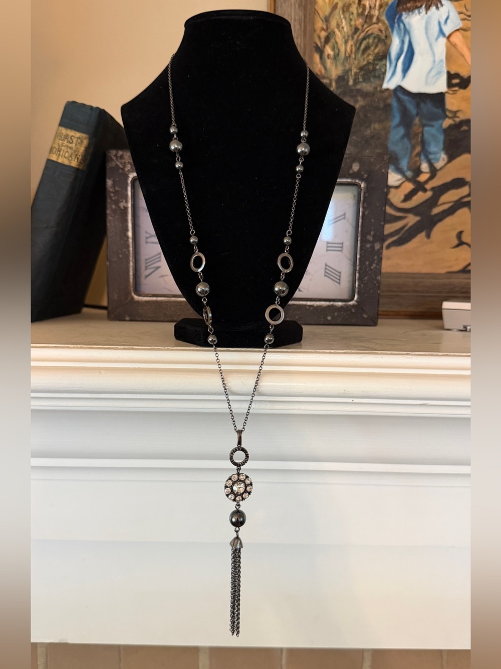 🐼 Lia Sophia Long Gunmetal Tassel Pendant Necklace #0197